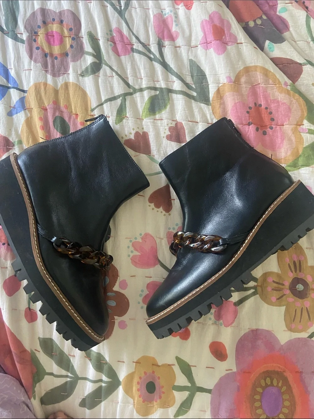 Coconuts by Matisse Black Leather Platform Ankle Boots with Tortoiseshell Chain